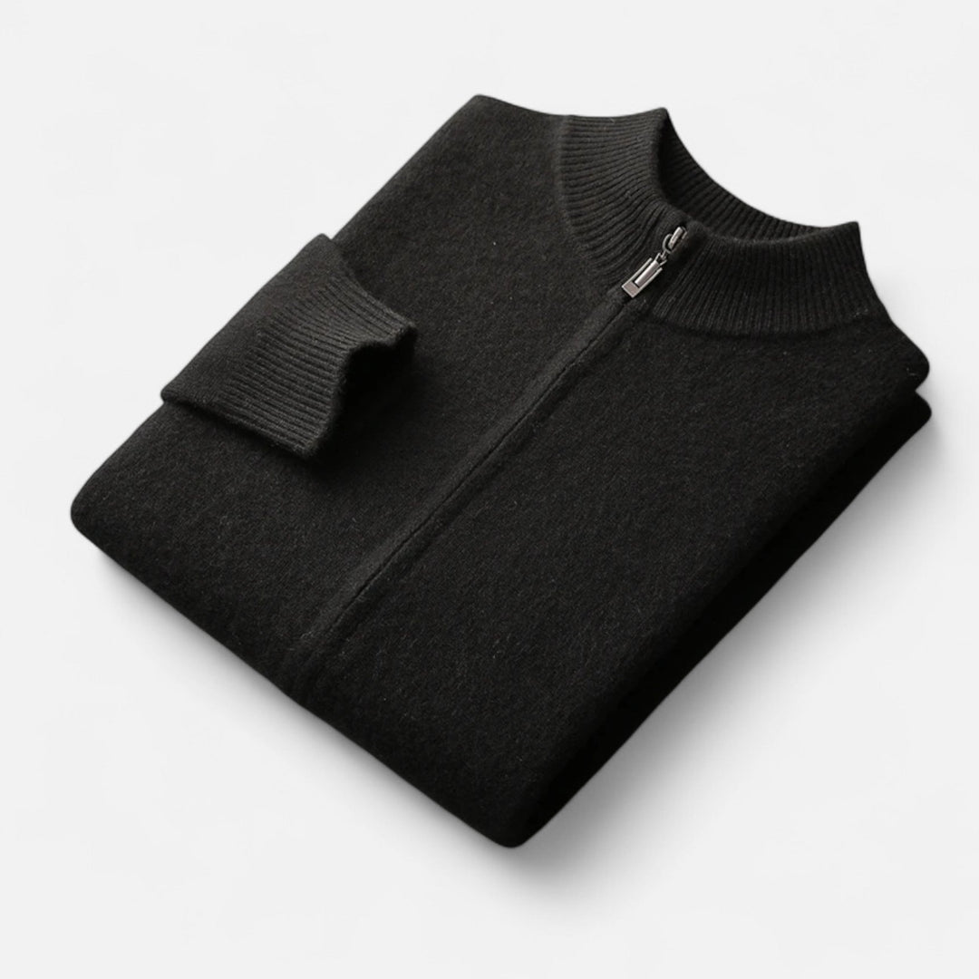 Neatly folded men's long sleeve zippered cardigan, ready for sophisticated layering comfort.