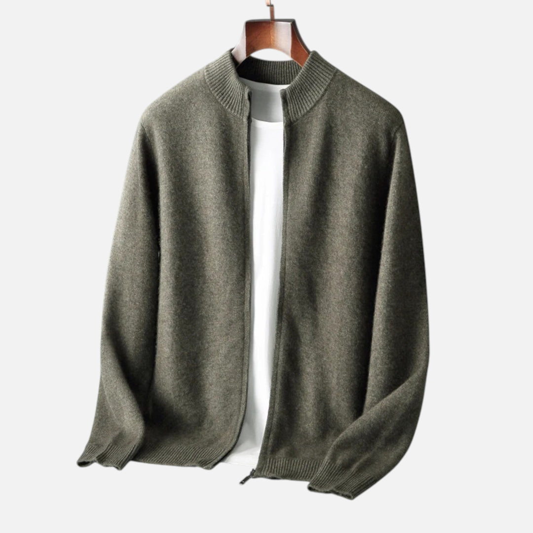 Versatile men's classic long sleeve zippered cardigan, a sophisticated piece for layering comfort.