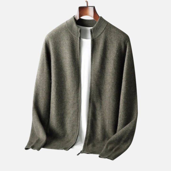 Versatile men's classic long sleeve zippered cardigan, a sophisticated piece for layering comfort.