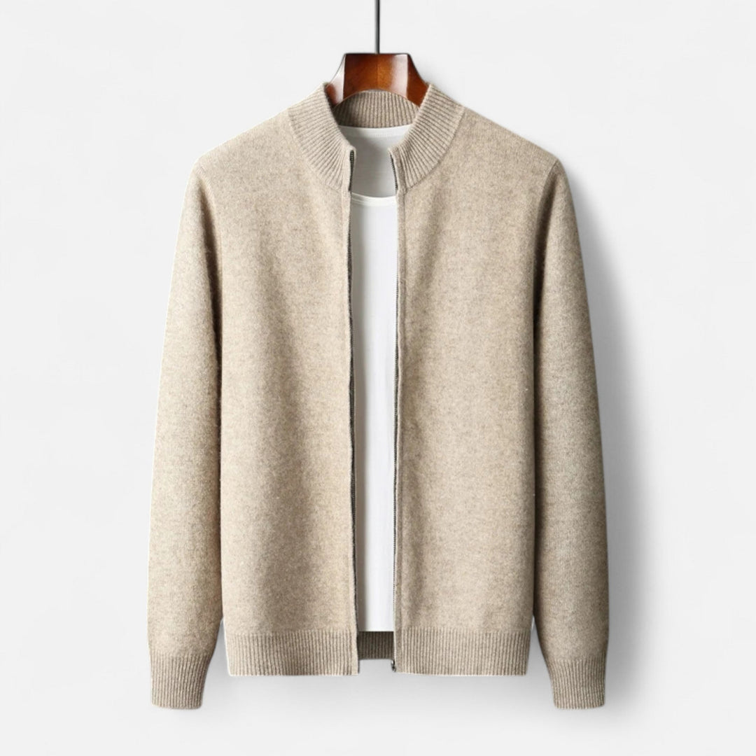 High collar detail of a men's sophisticated zippered cardigan, offering warmth and elegant style.