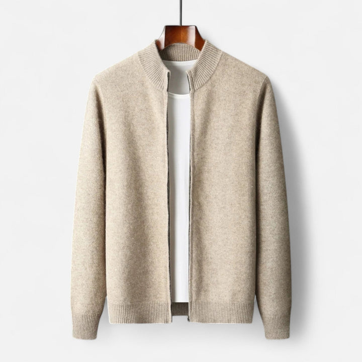 High collar detail of a men's sophisticated zippered cardigan, offering warmth and elegant style.