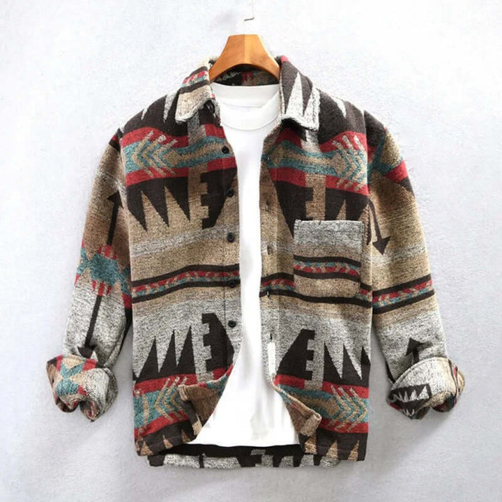 Men's Southwestern Aztec print shirt jacket, perfect for casual autumn & winter wear. Unique & warm outerwear.