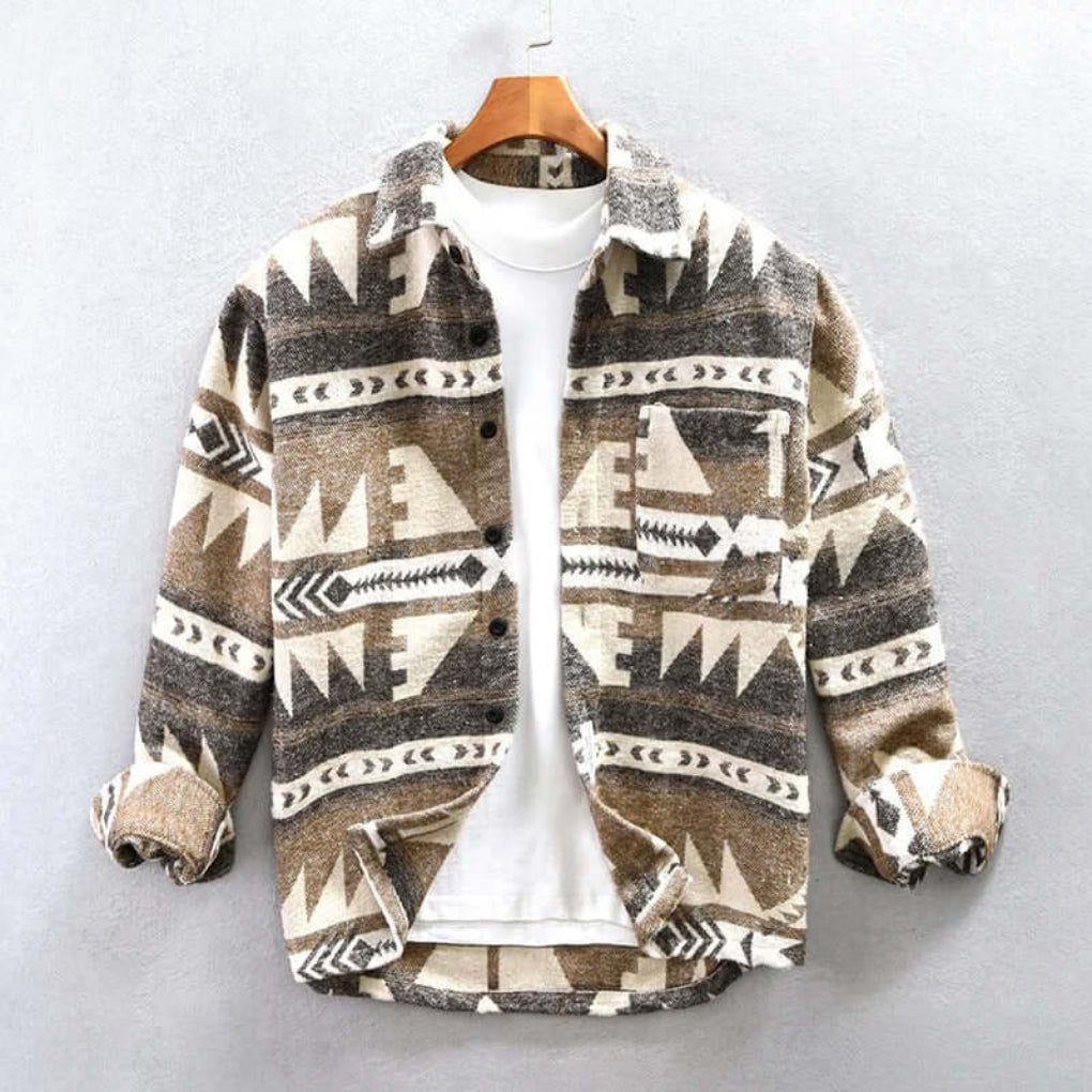Warm men's Aztec print shirt jacket, ideal for casual Southwestern style. Comfortable autumn & winter layering.