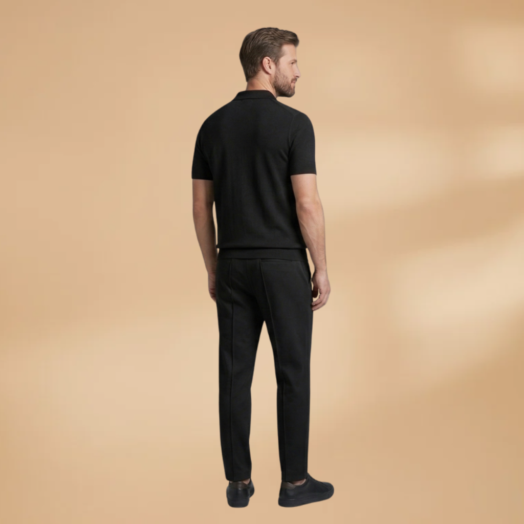 Model wearing a stylish men's leisure suit, ideal for loungewear.