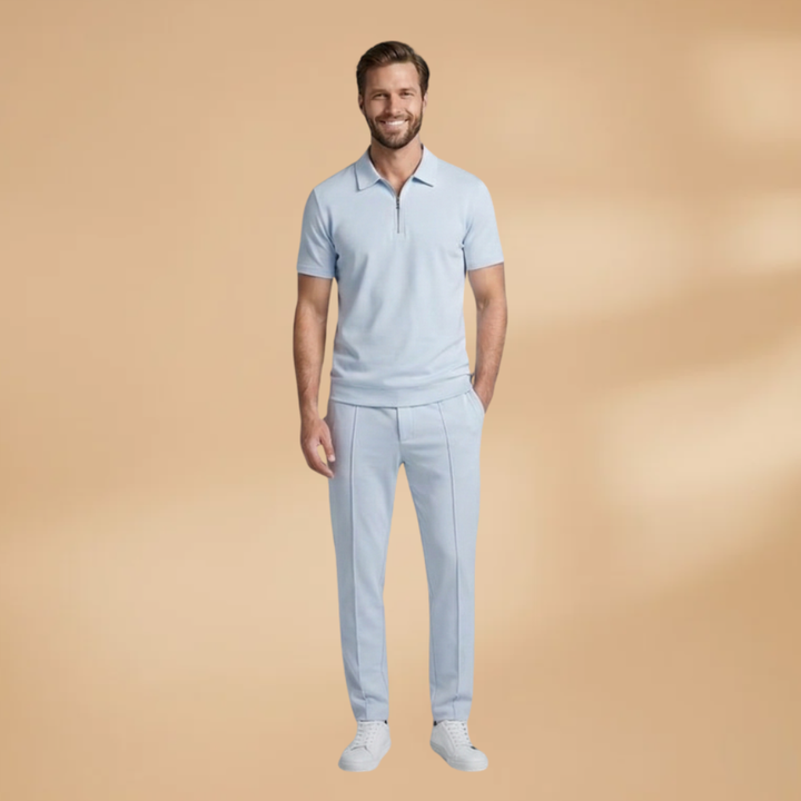 Complete athleisure outfit for men: hooded jacket and matching jogging pants.
