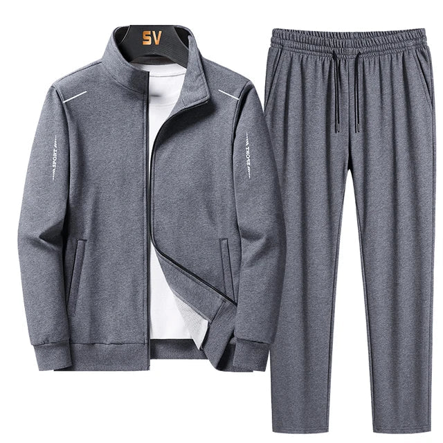 Men's sporty zip-up tracksuit set with athletic joggers & jacket. Perfect for gym, running, activewear & casual style.