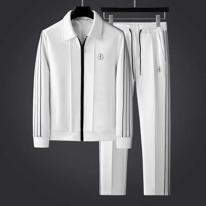 Men's workout activewear set featuring a sporty zip-up track jacket and comfortable joggers for fitness activities.