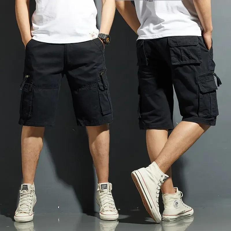 Men's spring cargo shorts in khaki with multiple utility pockets