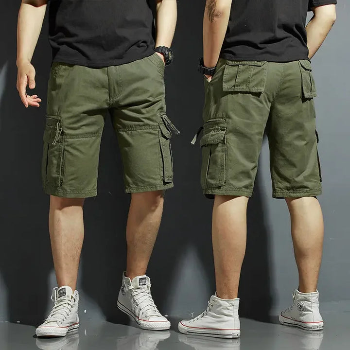 Close-up of functional pocket detail on men's casual cargo shorts