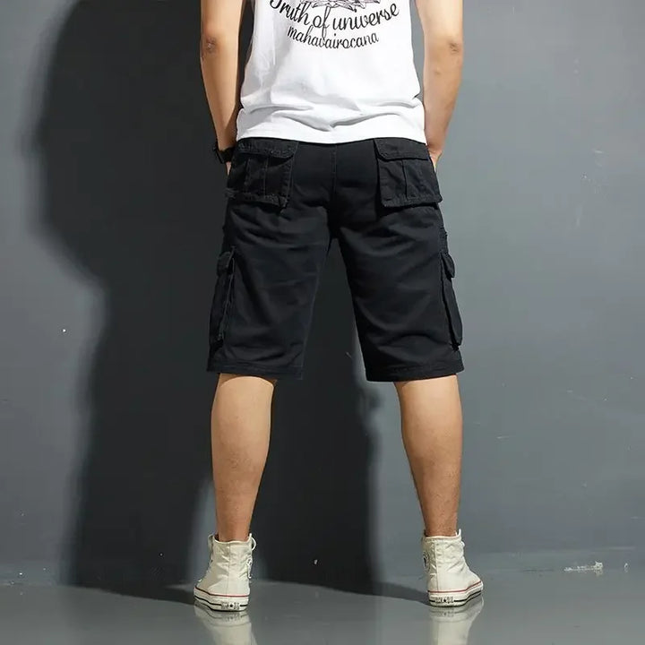 Front view of relaxed-fit men's casual shorts with large cargo pockets