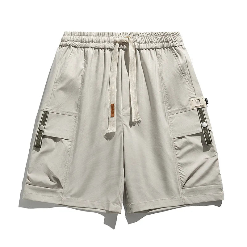 Men's spring cargo shorts with adjustable drawstring waist for a comfortable fit.