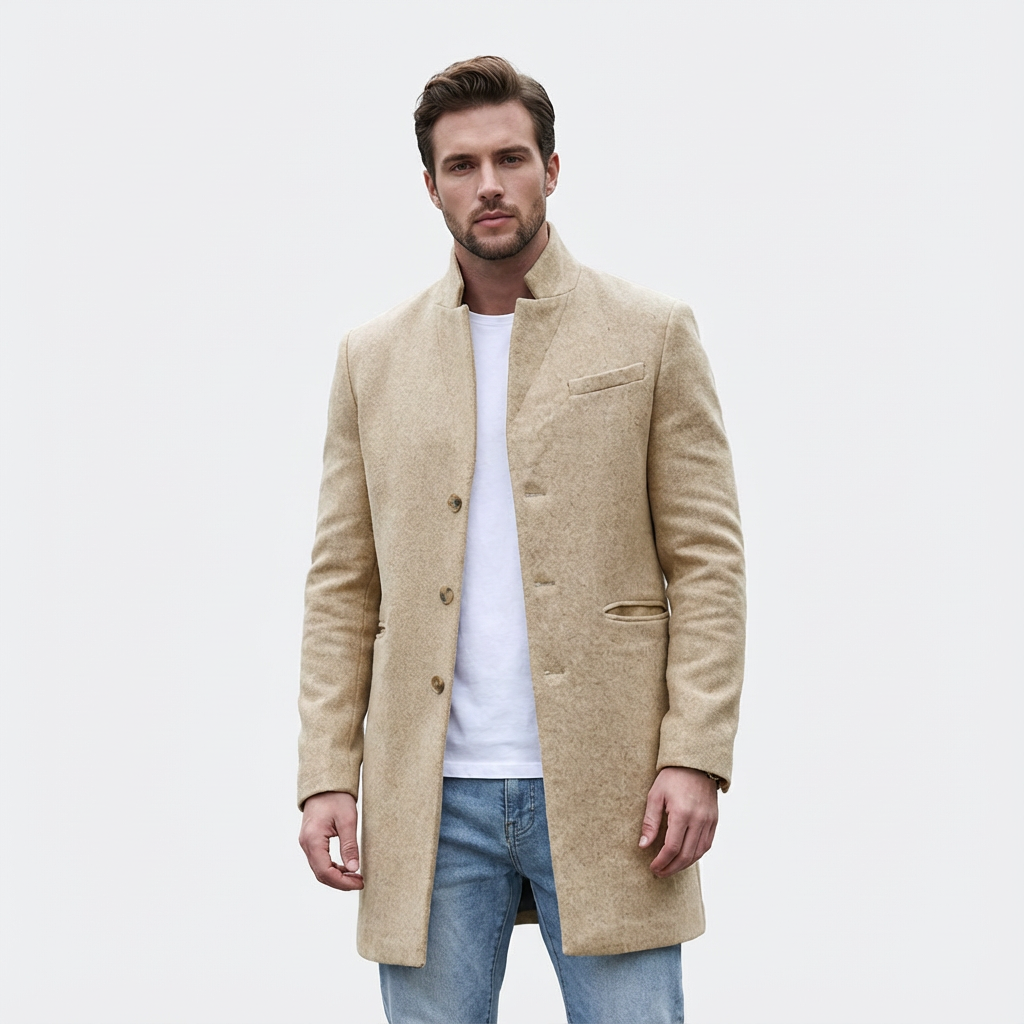 Men's spring longline coat with button front closure for casual wear.