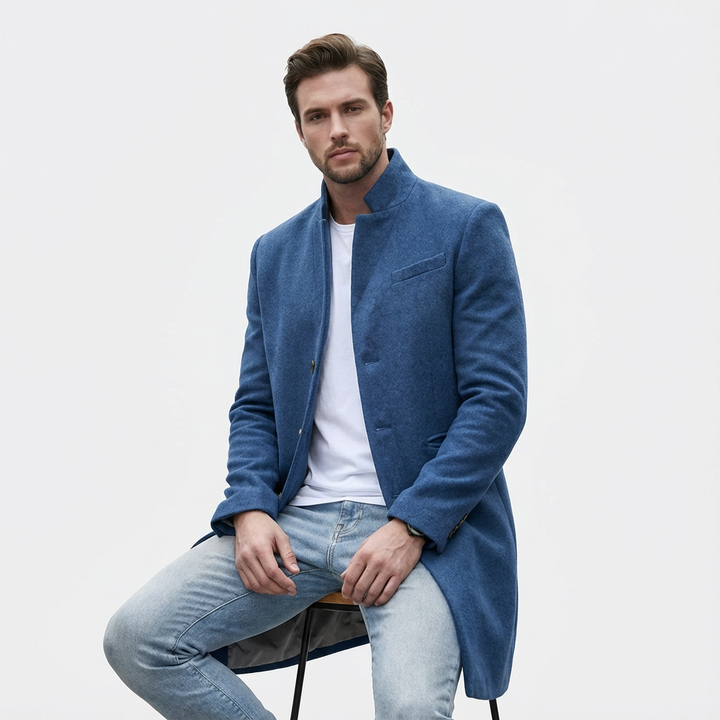 Menswear longline coat, ideal for transitional weather.