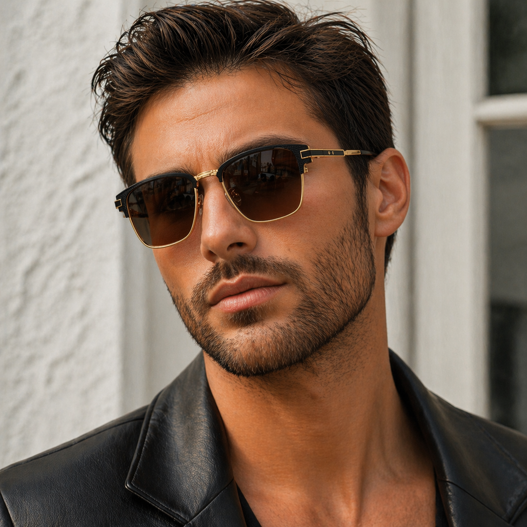 Men's square frame sunglasses with dark lenses and stylish metal trim for UV protection eyewear.