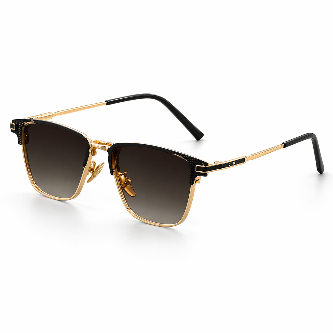 Modern men's square frame eyewear with dark lenses, sleek metal trim, offering UV protection, a must-have accessory.