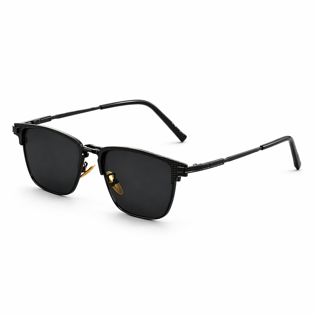 Men's square frame sunglasses with dark lenses & elegant metal trim, providing essential UV protection eyewear.