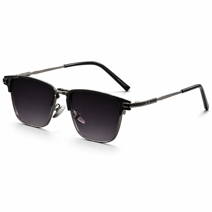 Stylish men's square frame sunglasses featuring dark UV protective lenses and polished metal trim for eye fashion.