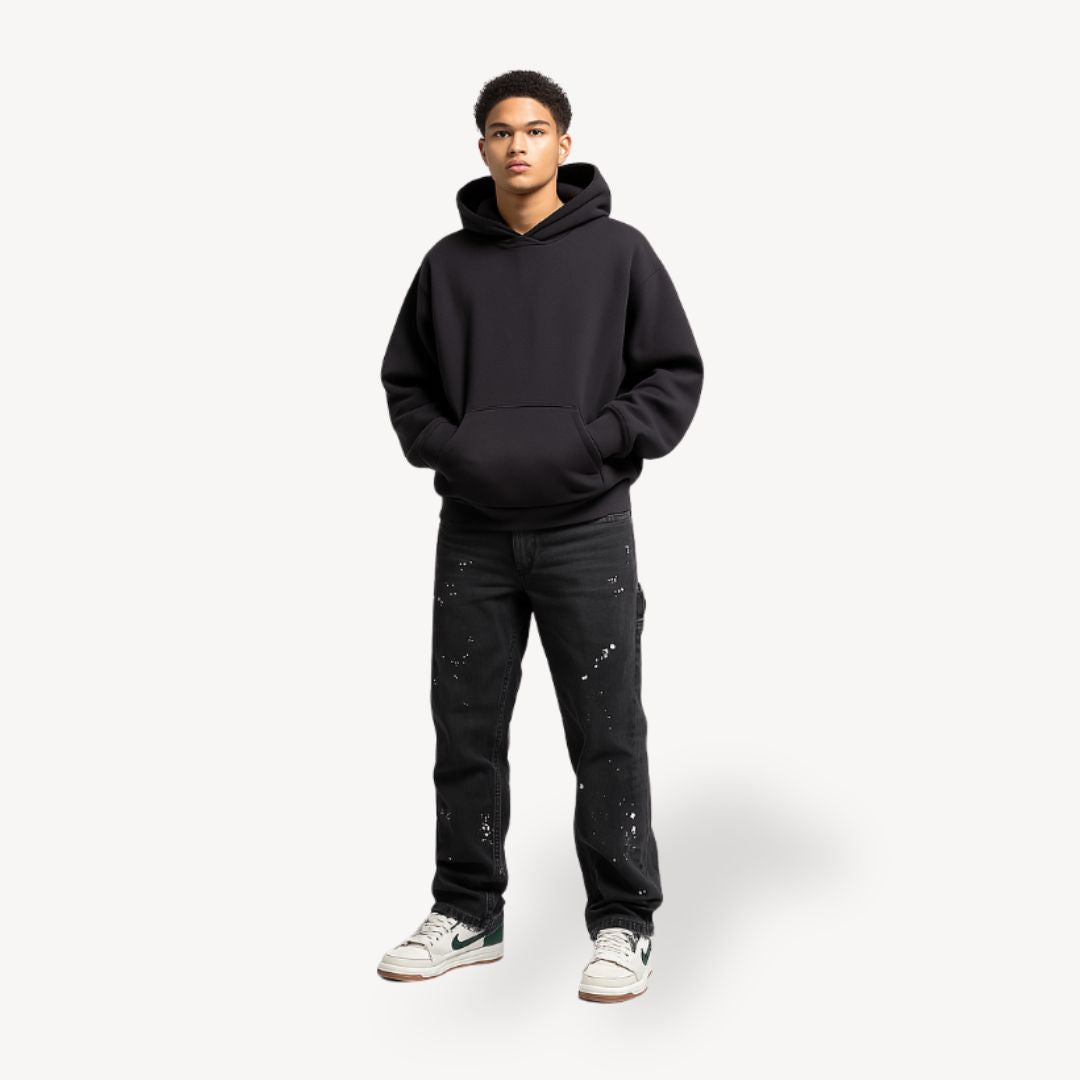 Men's stacked slim fit jeans in dark wash denim, perfect for modern streetwear & casual comfort.