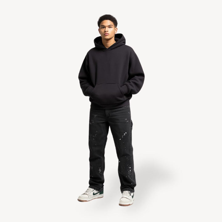 Men's stacked slim fit jeans in dark wash denim, perfect for modern streetwear & casual comfort.