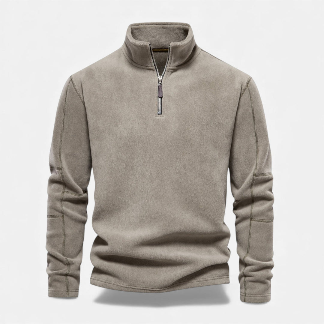 Front view of a grey men's zippered fleece sweatshirt with stand collar