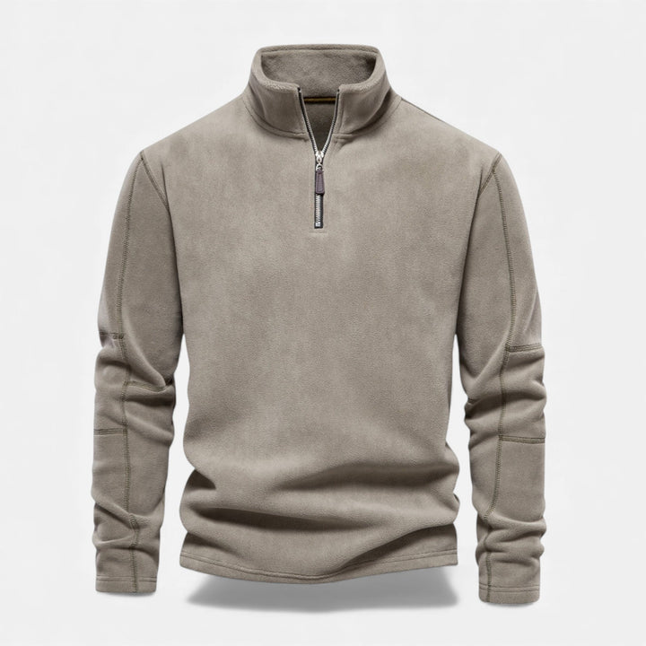 Front view of a grey men's zippered fleece sweatshirt with stand collar