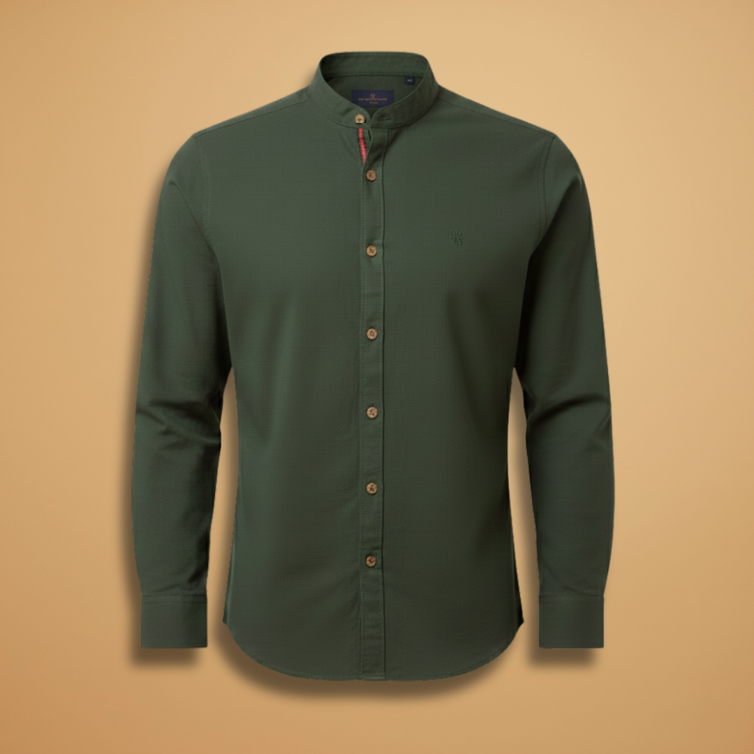 Men's stand collar long sleeve button-up shirt in classic blue