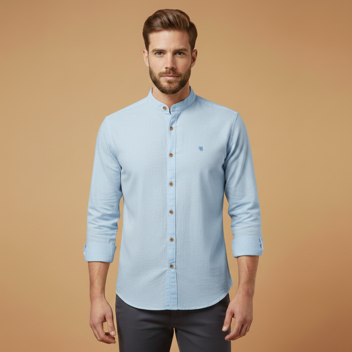 Men's long sleeve shirt in a comfortable fit with a distinctive stand collar