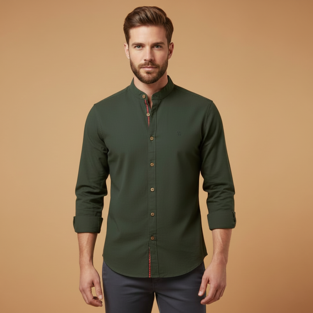 Stylish men's casual wear shirt with stand collar and button closure
