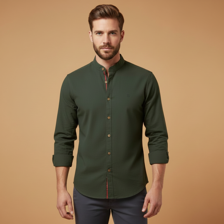 Stylish men's casual wear shirt with stand collar and button closure