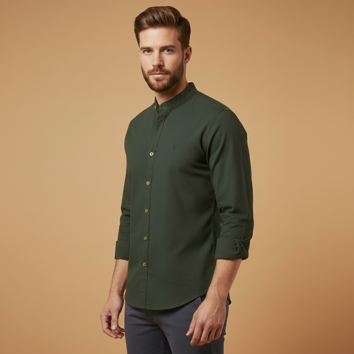 Close-up of the button-up detail on a men's stand collar long sleeve shirt