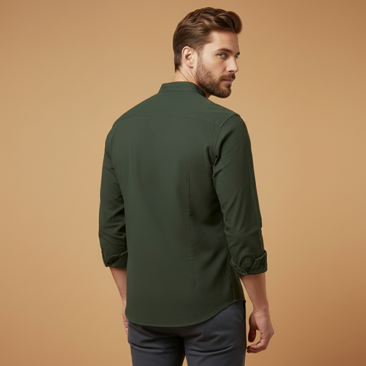 Model wearing a men's smart casual long sleeve shirt with stand collar