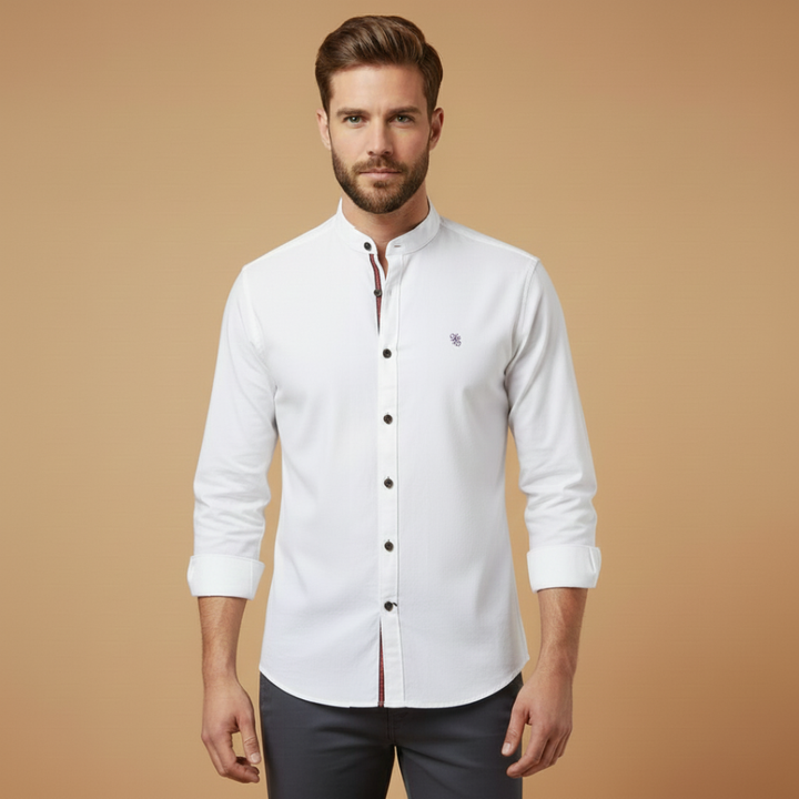 Men's fashion essential: A versatile long sleeve button-up with stand collar