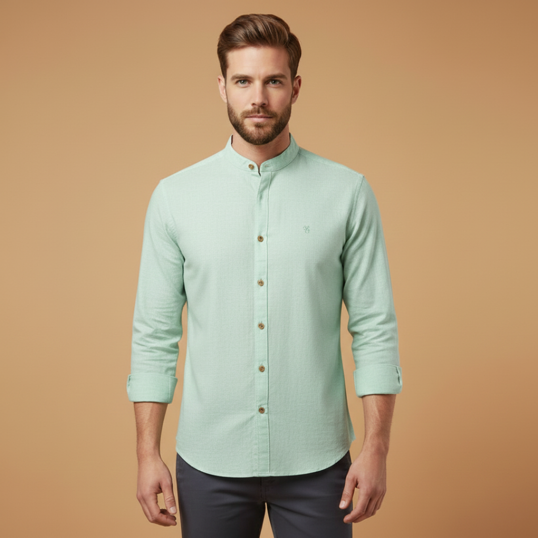 Front view of a men's casual long sleeve shirt, highlighting the stand collar design