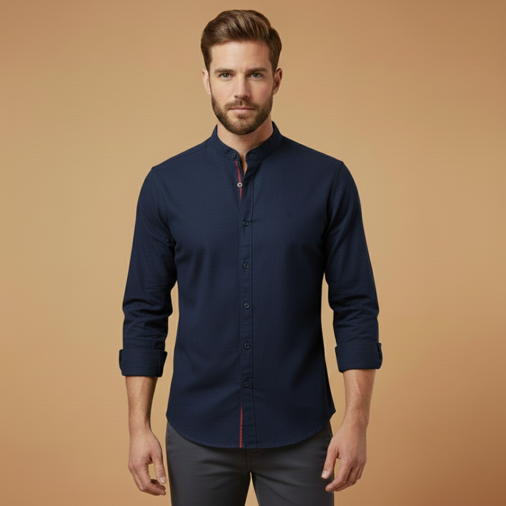 Men's autumn wear: Long sleeve button-up shirt with a sophisticated stand collar