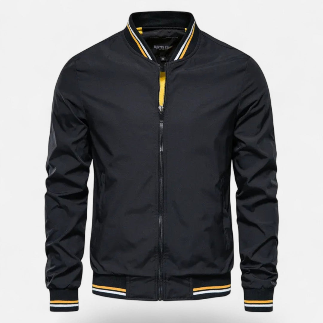 Men's stand-collar non-iron casual jacket in navy blue.