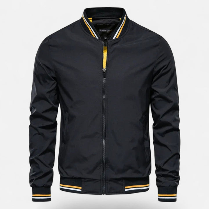 Men's stand-collar non-iron casual jacket in navy blue.
