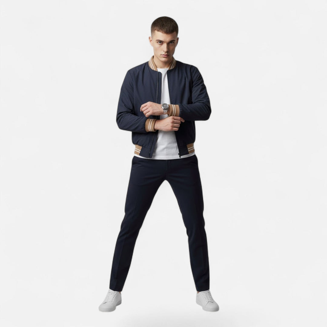 Modern men's outerwear: the effortless stand-collar non-iron jacket.