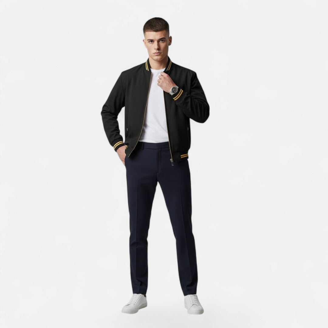 Close-up of the durable fabric on a men's non-iron casual jacket.