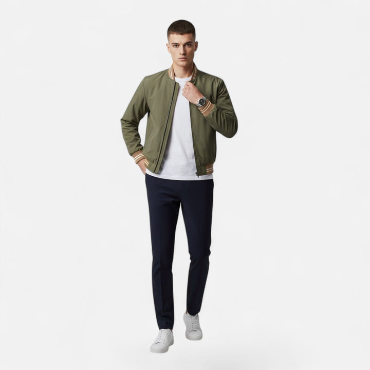Back view of a men's casual jacket showcasing its clean, non-iron finish.