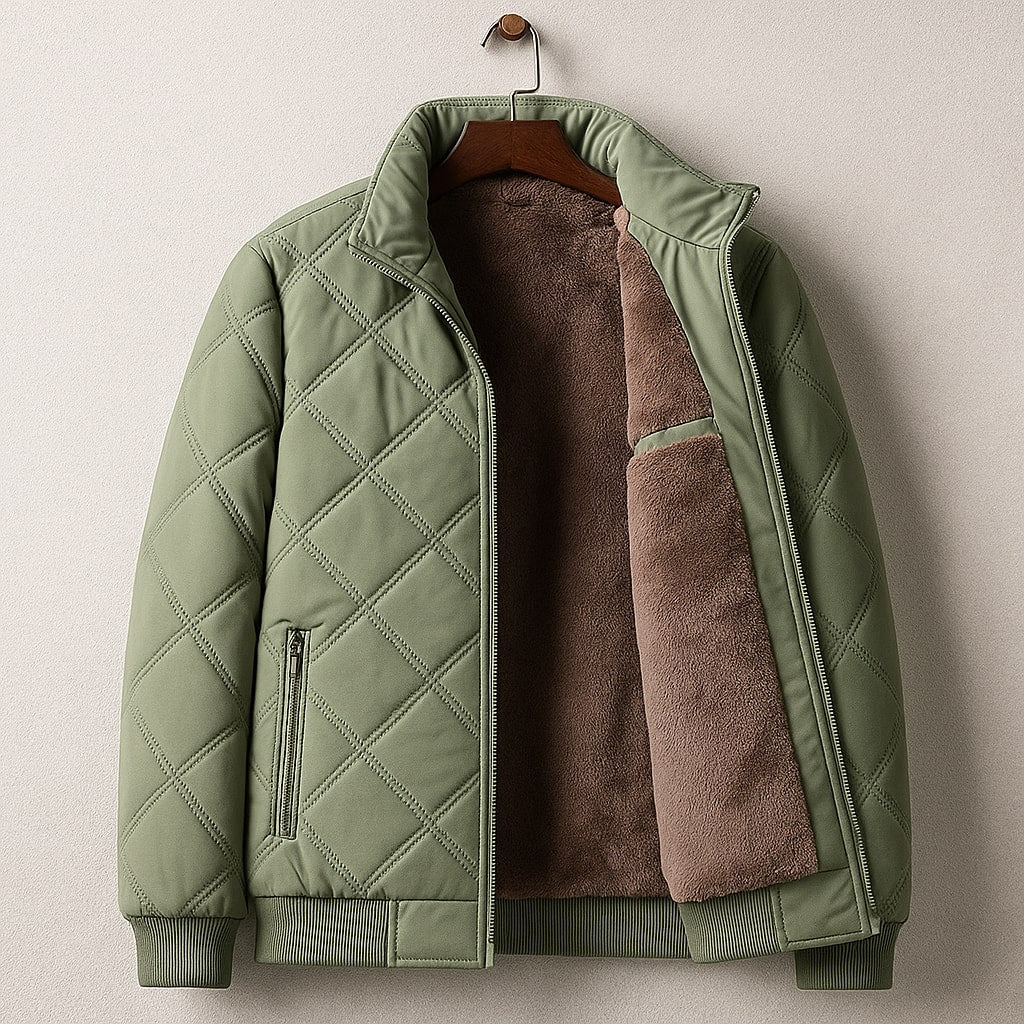 Men's stand collar quilted bomber jacket. Ideal for winter, casual style, and everyday fashion outerwear.