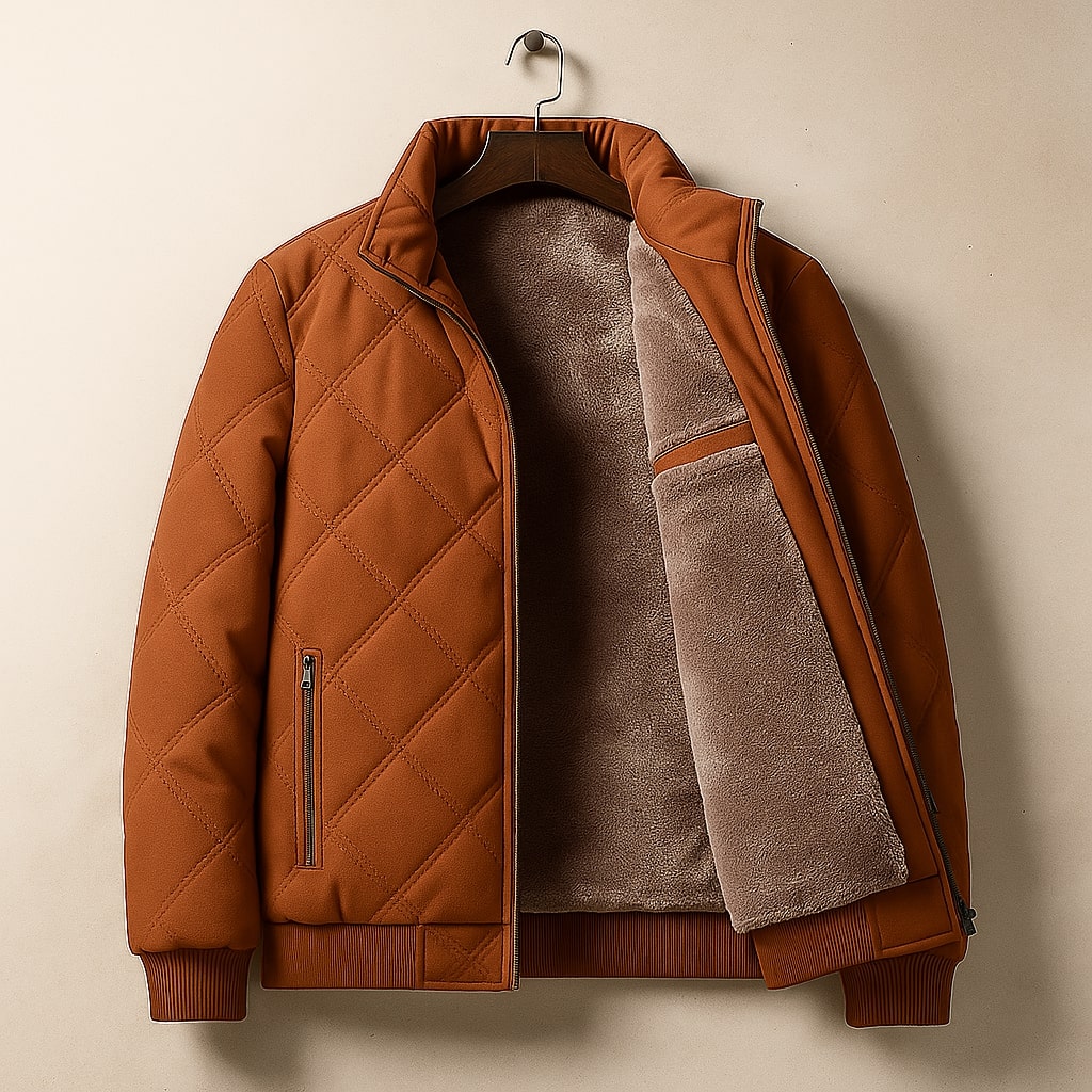 Warm men's quilted bomber jacket with stand collar, perfect for cold winter days. Casual men's outerwear fashion.