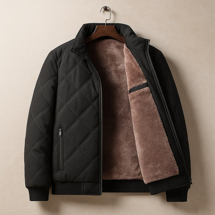 Durable men's winter bomber jacket, quilted with a stand collar. A stylish and warm casual outerwear essential.
