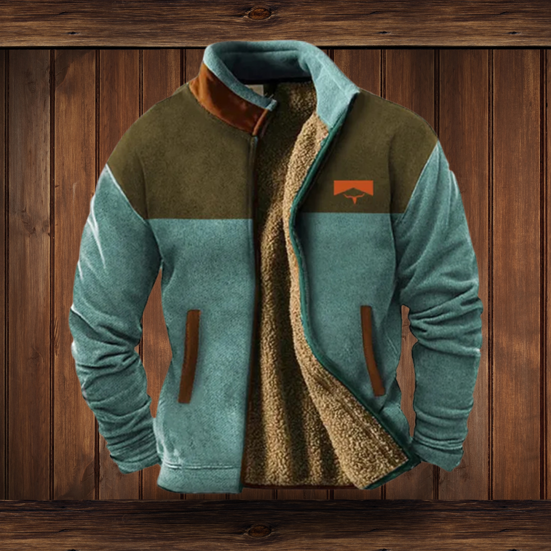 Men's fall jacket: warm zip-up with stand collar & stylish southwestern print detail on sleeves.