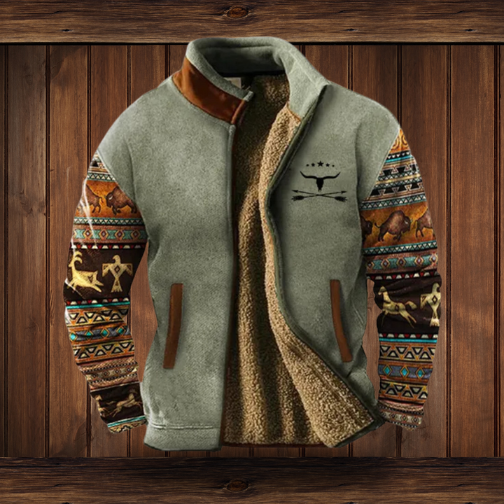Versatile men's stand collar jacket with zip front and eye-catching southwestern print sleeves.