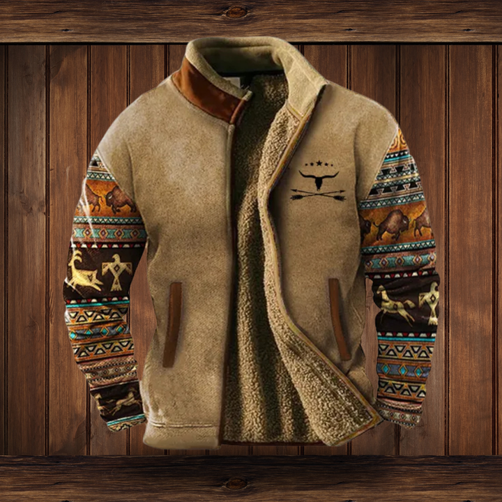 Stylish men's outerwear: a stand collar zip jacket featuring eye-catching southwestern pattern sleeves.