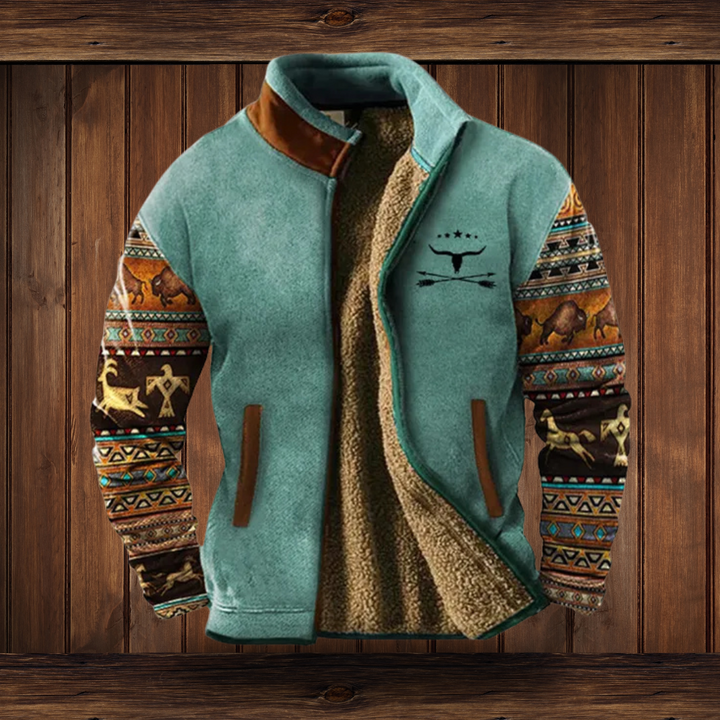 Warm men's zip-up jacket for fall & winter, showcasing southwestern print on sleeves & stand collar.