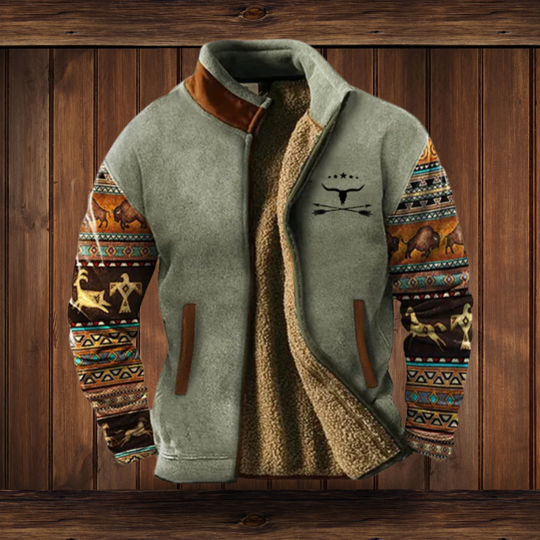 Everyday men's fashion: a stand collar jacket with a front zip and stylish southwestern print sleeves.