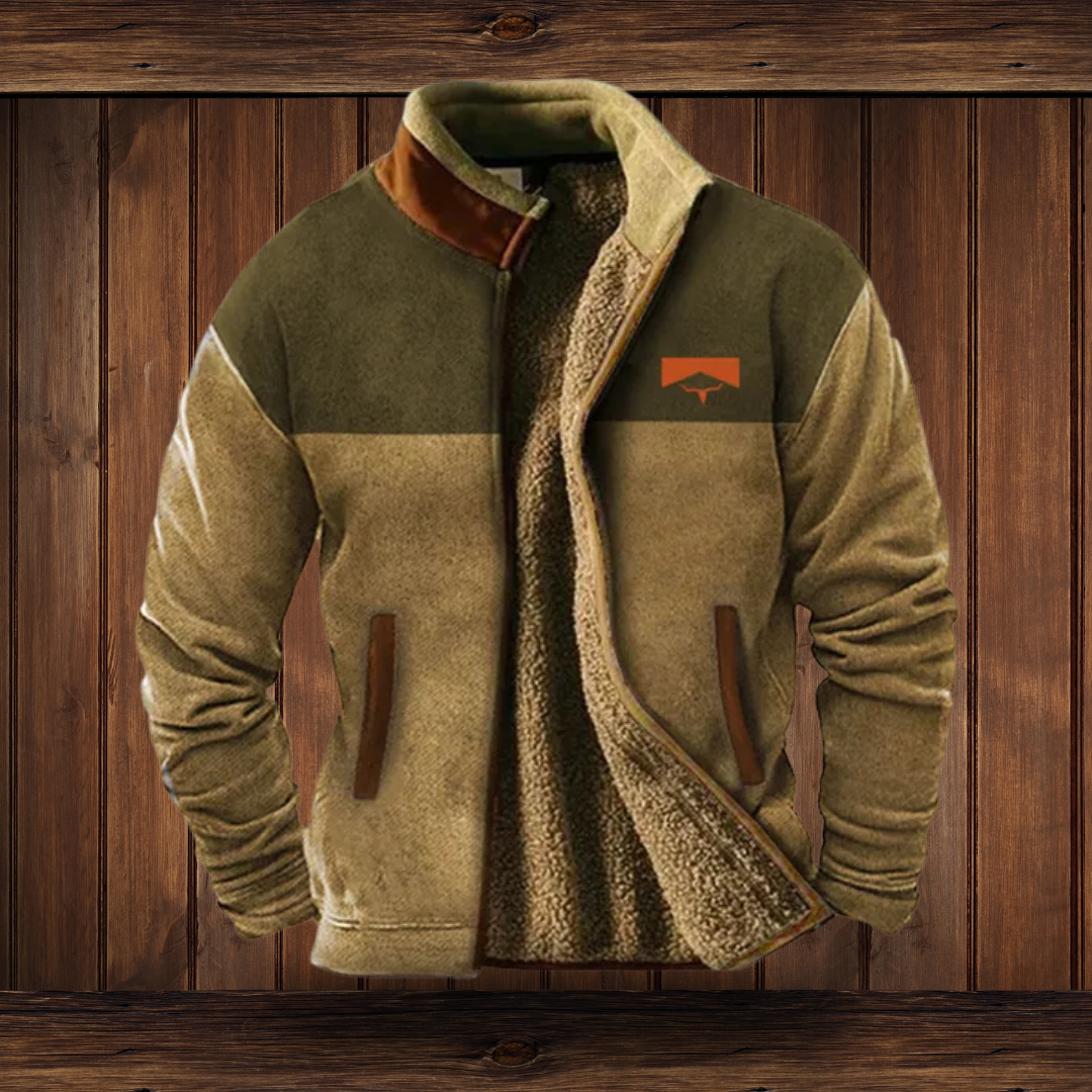 Full-length view of a men's stand collar zip jacket with bold southwestern patterned sleeves.