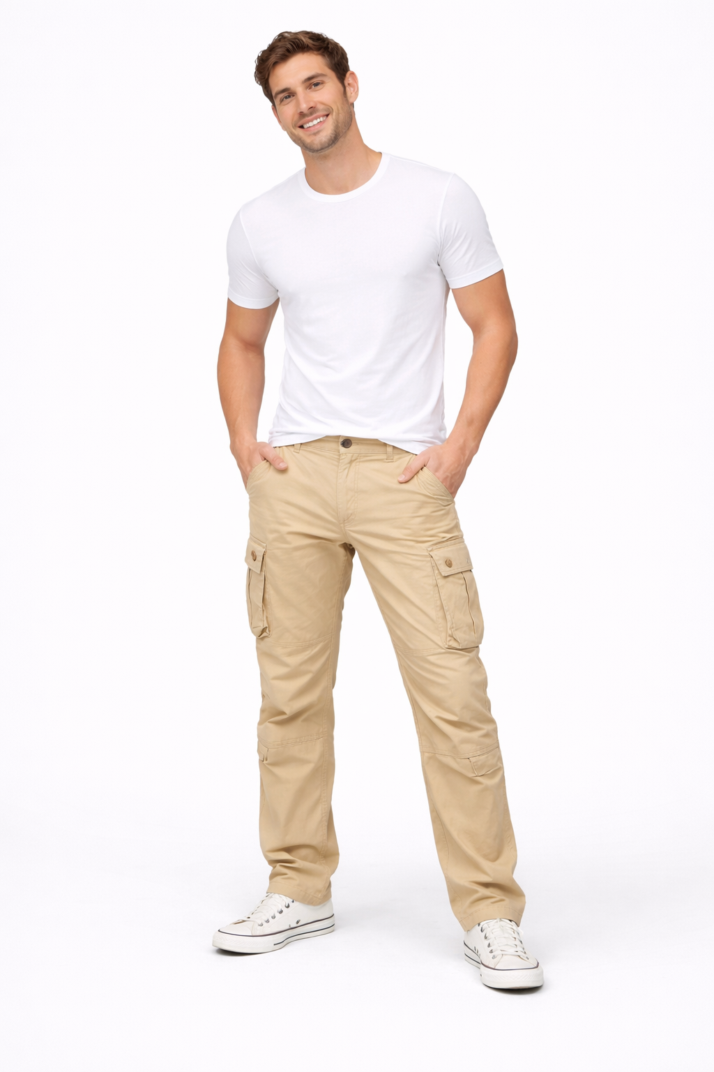 Men's straight leg cargo trousers with multiple utility pockets for casual wear & practicality.