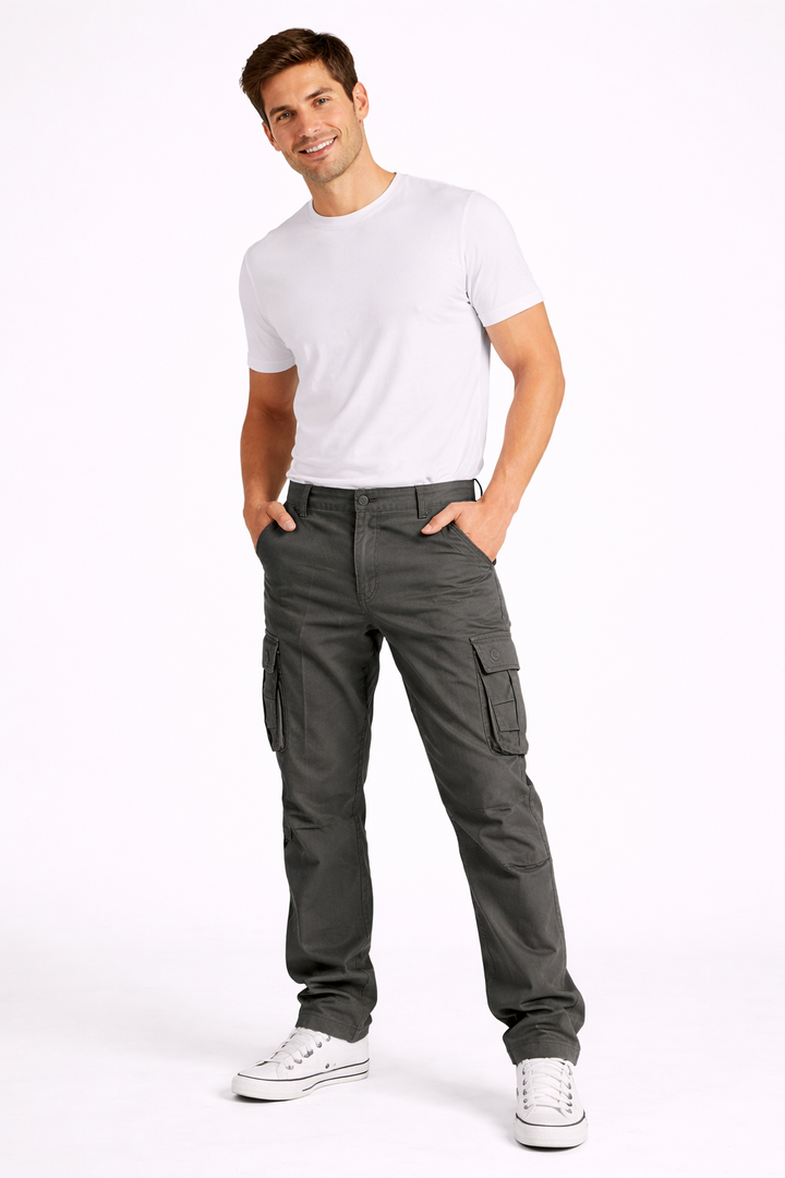 Durable men's straight leg cargo trousers for all-season wear, with ample practical pockets.